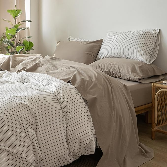 MooMee Bedding Sheet Set 100% Washed Cotton Linen Like Textured Breathable Durable Soft Comfy (Solid Mocha Brown, Twin XL)