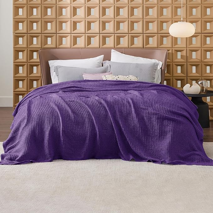 Bedsure Gentlesoft 100% Cotton Blanket Queen Size for Bed - Breathable and Soft, Thick Cozy Waffle Weave Christmas Blanket Gift for Women, Purple, 90x90 Inches