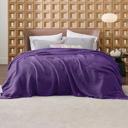 Bedsure Gentlesoft 100% Cotton Blanket King Size for Bed - Breathable and Soft, Thick Cozy Waffle Weave Christmas Blanket Gift for Women, Purple, 104x90 inches