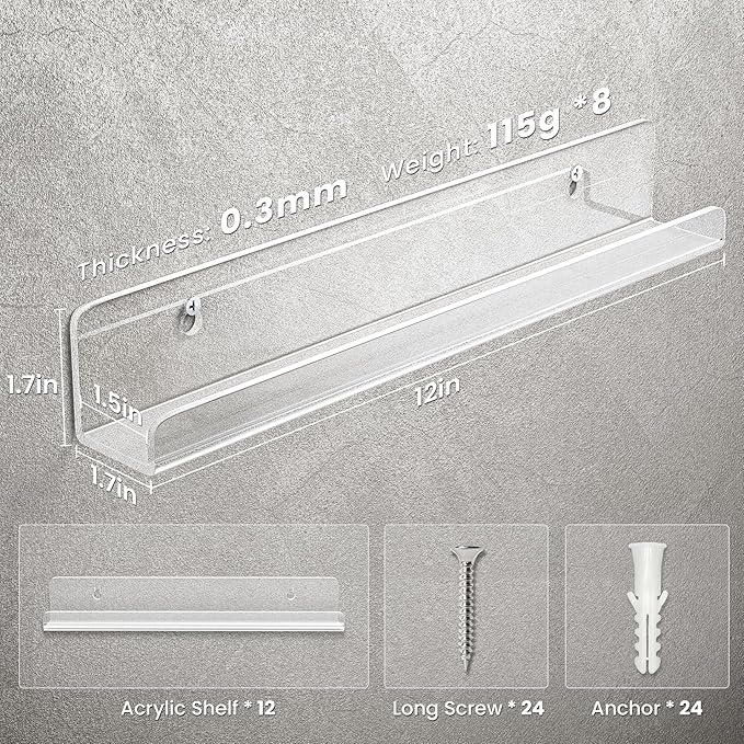 Gotega 12 Pack Vinyl Record Shelf Wall Mount, 12 inch Album Record Holder Display, Clear Acrylic Floating Shelves for Wall, Suitable for Bedroom, Living Room, Magazine Shelf, Kids Bookshelf, etc