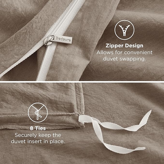 Bedsure 100% Washed Cotton Duvet Cover King Size - Light Brown Minimalist Cotton Duvet Cover Linen Like for All Seasons - GentleSoft™ Plain Simple Bedding, 3 Pieces (Light Brown, King, 104"x90")