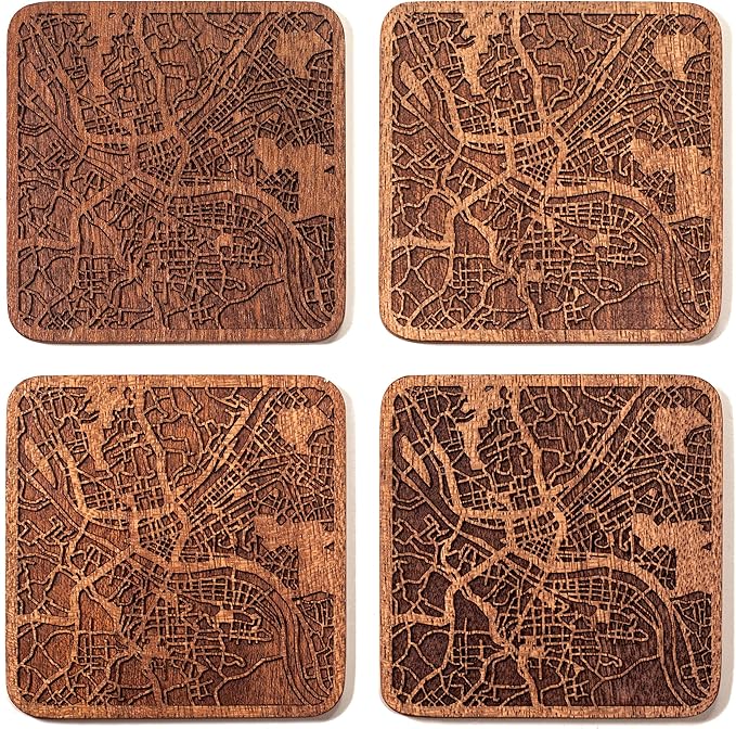 Pittsburgh Map Coaster by O3 Design Studio, Set Of 4, Sapele Wooden Coaster With City Map, Handmade