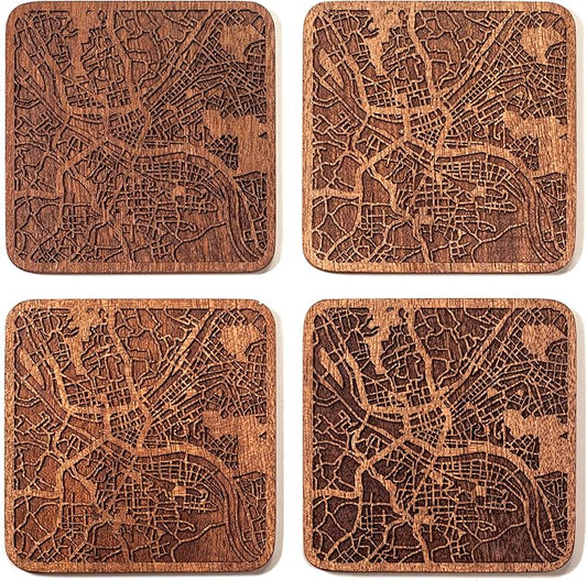 Pittsburgh Map Coaster by O3 Design Studio, Set Of 4, Sapele Wooden Coaster With City Map, Handmade