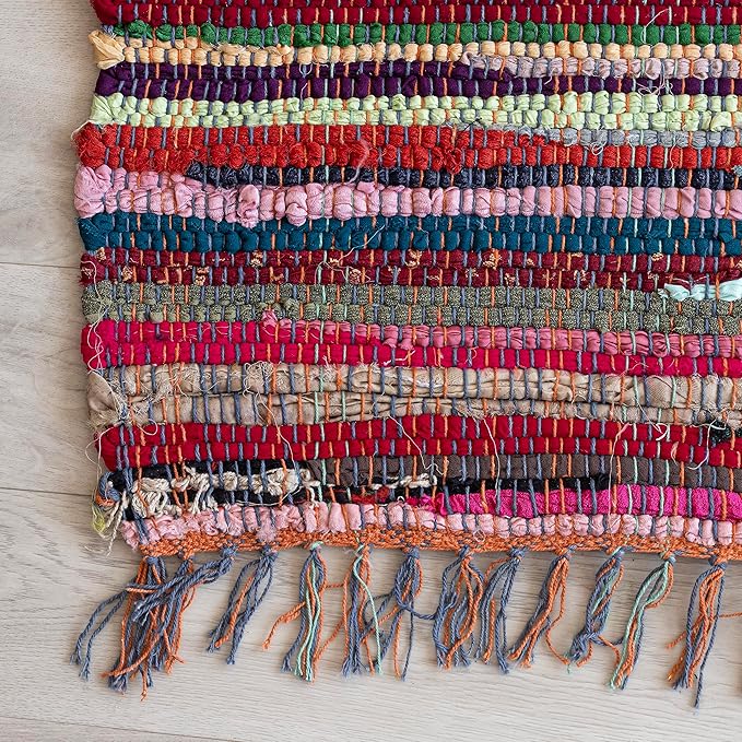 HOMEMONDE Reversible Chindi Rag Rug with Decorative Tassels | 20x32 Inches Hand-Braided Multicolor Cotton Entryway Doormat | Boho Style for Kitchen, Living Room, Bedroom, and Any Space
