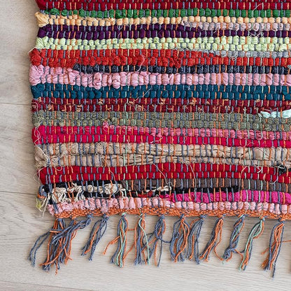 HOMEMONDE 2'x8' Chindi Runner Rug with Tessels | Reversible Hand-Braided Multicolor Cotton Rug | Recycled Stylish Boho Runner for Kitchen, Bedroom, & Living Room Decor