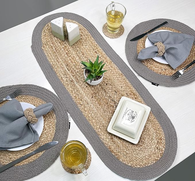 CHARDIN HOME Verona Oval Woven Jute & Cotton Braided Table Runner, Size -13 x 36 Inches, Color - Natural Jute with Grey Border