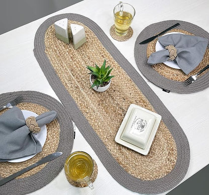 CHARDIN HOME Verona Oval Woven Jute & Cotton Braided Table Runner, Size -13 x 36 Inches, Color - Natural Jute with Grey Border