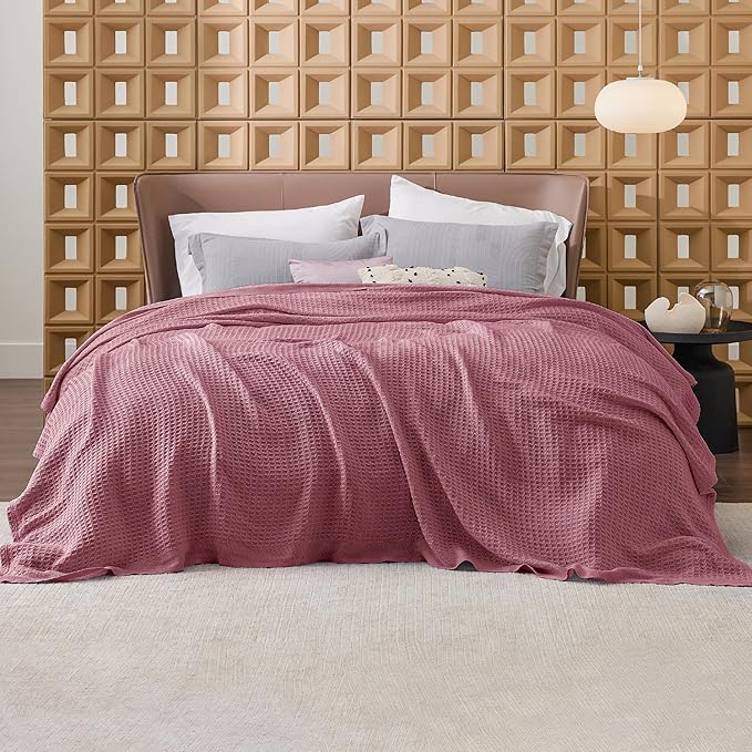 Bedsure Gentlesoft 100% Cotton Blanket King Size for Bed - Breathable and Soft, Thick Cozy Waffle Weave Christmas Blanket Gift for Women, Dusty Rose, 104x90 inches