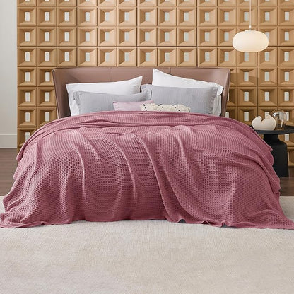 Bedsure Gentlesoft 100% Cotton Blanket Queen Size for Bed - Breathable and Soft, Thick Cozy Waffle Weave Christmas Blanket Gift for Women, Dusty Rose, 90x90 Inches