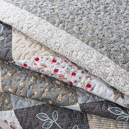 HoneiLife Queen Size Quilt Set - 3 Pieces - Grey Border Microfiber Bedding Set - Lightweight, Reversible Coverlets, Floral Bedding - All Season Quilts