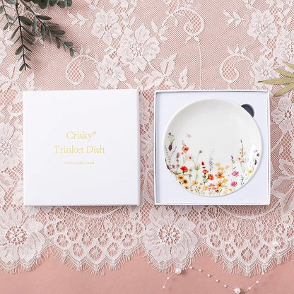 Crisky Flower Trinket Dish Jewelry Tray & Gift Box, Ceramic Ring Dish for Rings Earrings Necklaces Keys, Bridal Shower Engagement Birthday Gift for Women, Friends 4.57"