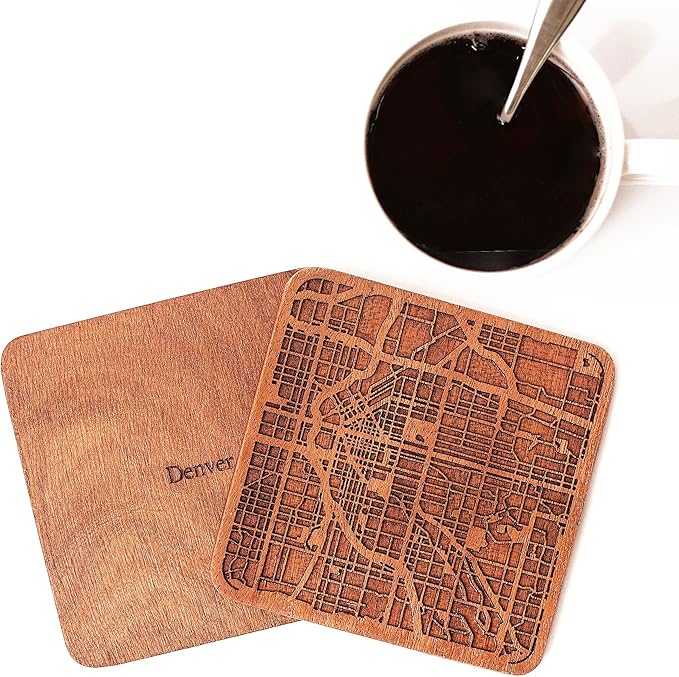 Denver Map Coaster by O3 Design Studio, Set Of 4, Sapele Wooden Coaster With City Map, Handmade