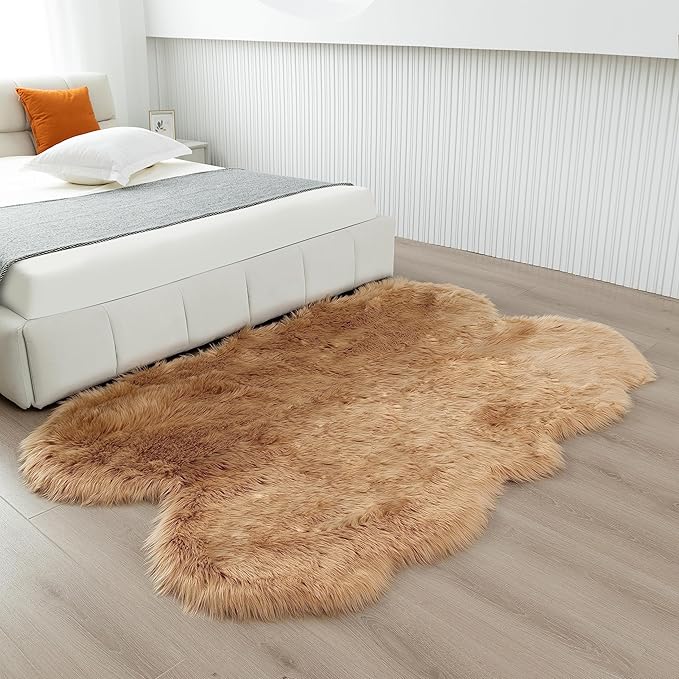 Fluffy Faux Fur Rug Brown Sheepskin Area Rug,4x6 Ft Ultra Soft Shaggy Plush Rug for Bedroom Bedside Living Room Nursery Kids Room