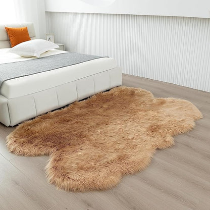 Fluffy Faux Fur Rug Brown Sheepskin Area Rug,4x6 Ft Ultra Soft Shaggy Plush Rug for Bedroom Bedside Living Room Nursery Kids Room
