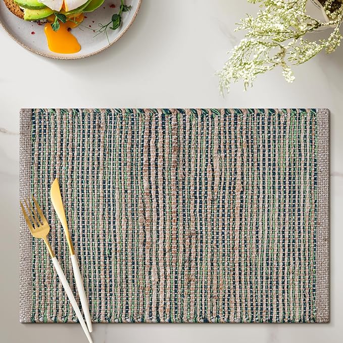 Jute Placemats Set of 4 - Boho Woven Placemats for Dining Tables, Rustic Farmhouse Style, Cotton and Jute, Neutral Colorful Table Mat, 13x19 Inch, Indoor Kitchen Decor - Natural - Green