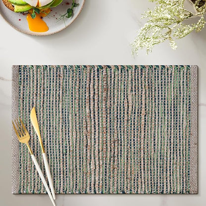 Jute Placemats Set of 4 - Boho Woven Placemats for Dining Tables, Rustic Farmhouse Style, Cotton and Jute, Neutral Colorful Table Mat, 13x19 Inch, Indoor Kitchen Decor - Natural - Green