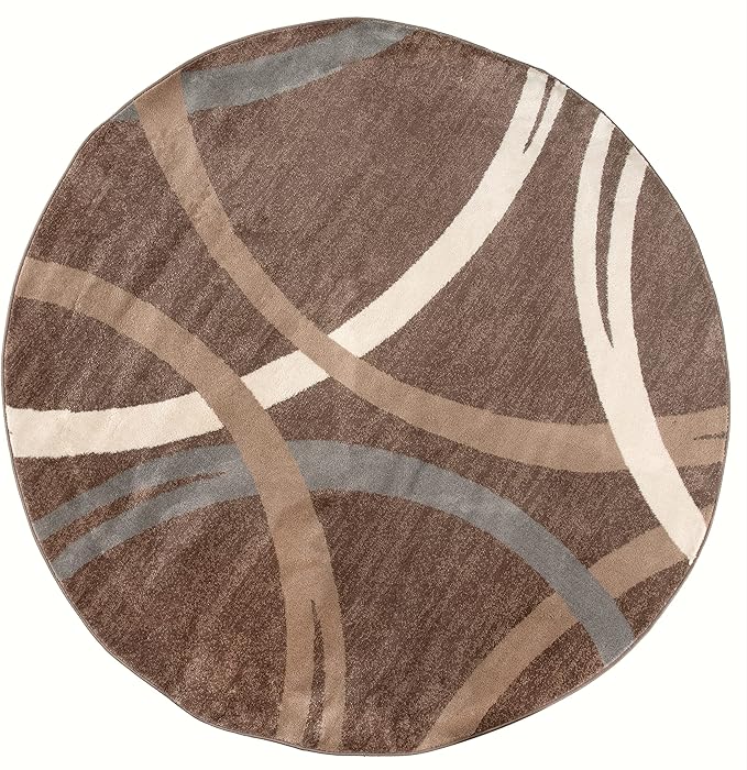 Rugshop Modern Wavy Circles Design Round Rug, Carpet with Jute Backing for Dining Room, Bedroom, or Living Room, Brown, 6'6" Round