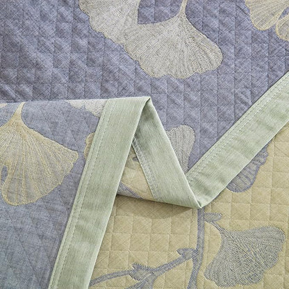 100% Cotton Muslin Jacquard 3 Piece Quilt Set Floral Ginkgo Leaf Print, Soft 3 Layers Gauze Bed Cover Reversible Bedspread Coverlet Breathable Lightweight Bedding Set, Queen