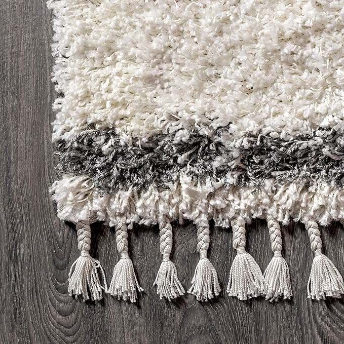 JONATHAN Y Mercer Shag Plush Tassel Cream/Gray Indoor Area Rug, 8x10, Moroccan Geometric Trellis, Bohemian, Easy-Cleaning for Living Room, Bedroom, Kitchen, Pet Friendly, Non-Shedding (MCR103B-8)