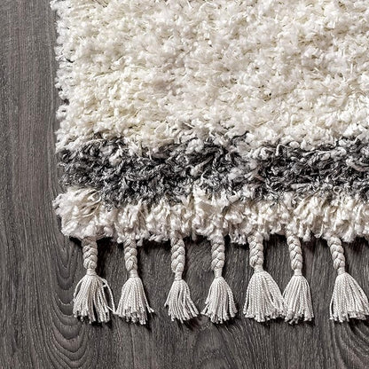 JONATHAN Y Mercer Shag Plush Tassel Cream/Gray Indoor Area Rug, 8x10, Moroccan Geometric Trellis, Bohemian, Easy-Cleaning for Living Room, Bedroom, Kitchen, Pet Friendly, Non-Shedding (MCR103B-8)