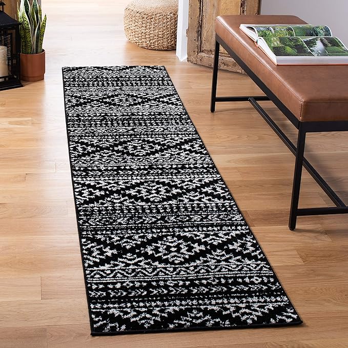 SAFAVIEH Tulum Collection Runner Rug - 2' x 15', Black & Ivory, Moroccan Boho Tribal Design, Non-Shedding & Easy to Clean, Ideal for Living Room, Hallway, Foyer, Bedroom (TUL272Z)
