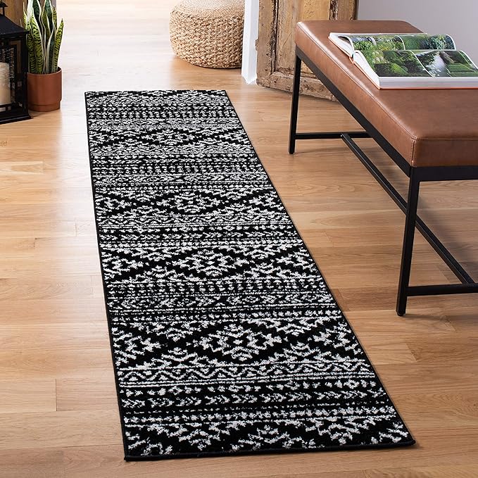 SAFAVIEH Tulum Collection Runner Rug - 2' x 17', Black & Ivory, Moroccan Boho Tribal Design, Non-Shedding & Easy to Clean, Ideal for Living Room, Hallway, Foyer, Bedroom (TUL272Z)