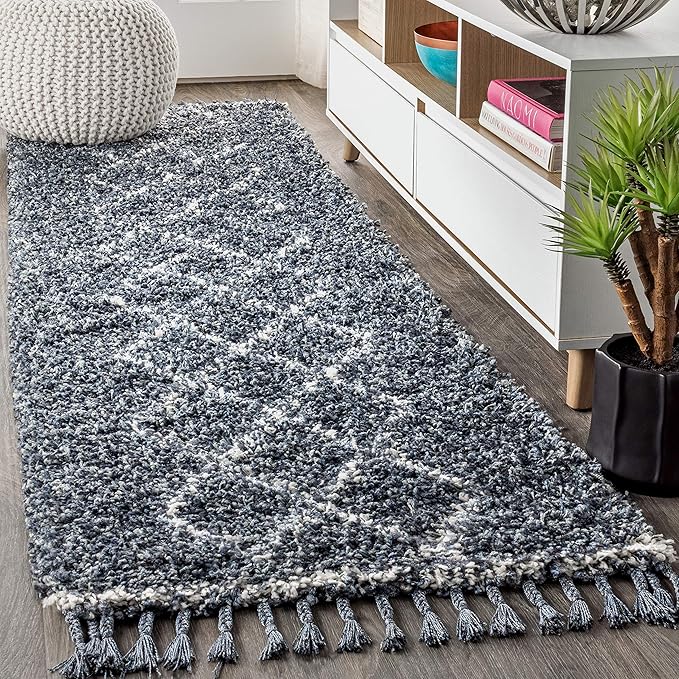 JONATHAN Y Mercer Shag Plush Tassel Denim Blue/Cream Runner Rug, 2x8, Moroccan Geometric Trellis, Bohemian, Easy-Cleaning for Living Room, Bedroom, Kitchen, Non-Shedding (MCR103A-28)