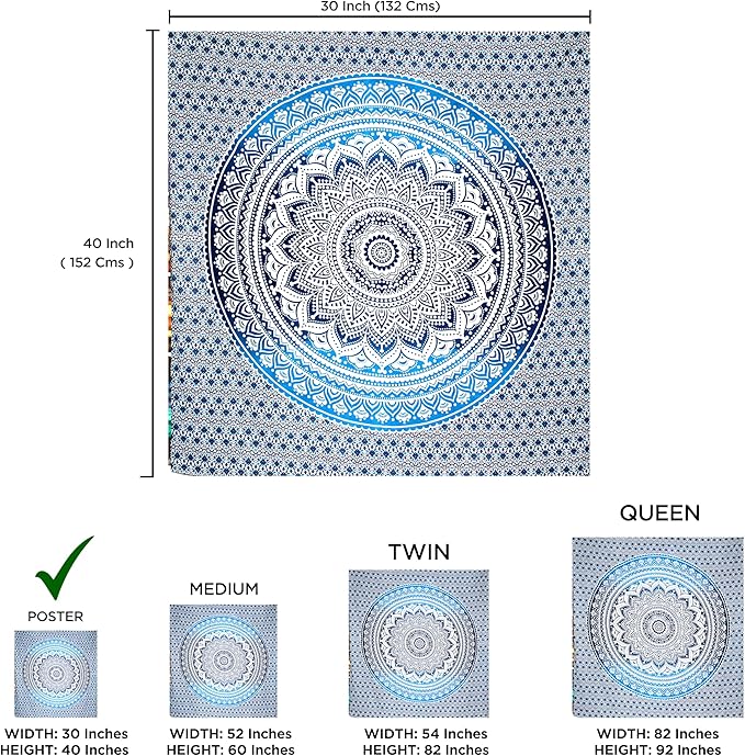 raajsee Indian Cotton Aqua Blue Tapestry Mandala Wall Hangings- Tapestry For Bedroom - Indie Wall Tapestry Hippie Room Decor - Boho Small Tapestrys Aesthetic 30x40 Inch