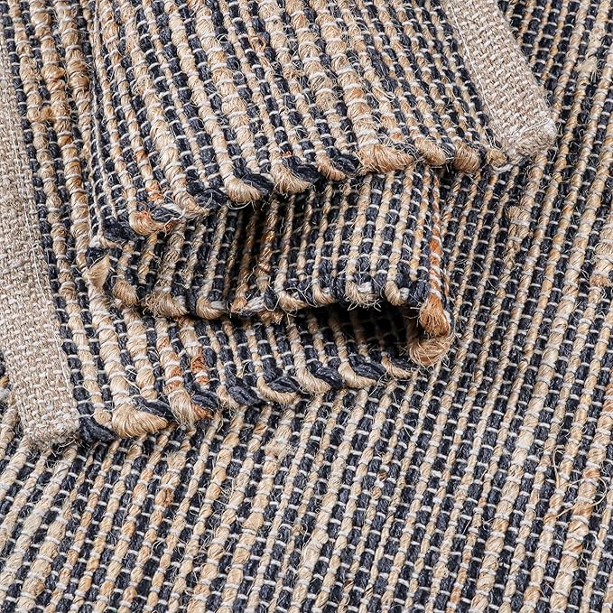 Jute Placemats Set of 4 - Boho Woven Placemats for Dining Tables, Rustic Farmhouse Style, Cotton and Jute, Neutral Colorful Table Mat, 13x19 Inch, Indoor Kitchen Decor -Natural- Grey Charcoal