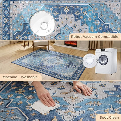 Bedsure 8x10 Area Rugs for Living Room, Machine Washable Rugs, Non-Slip Backing, Non-Shedding, Vintage Low Pile Easy Care Throw Carpet for Bedroom Dining Room, Taupe