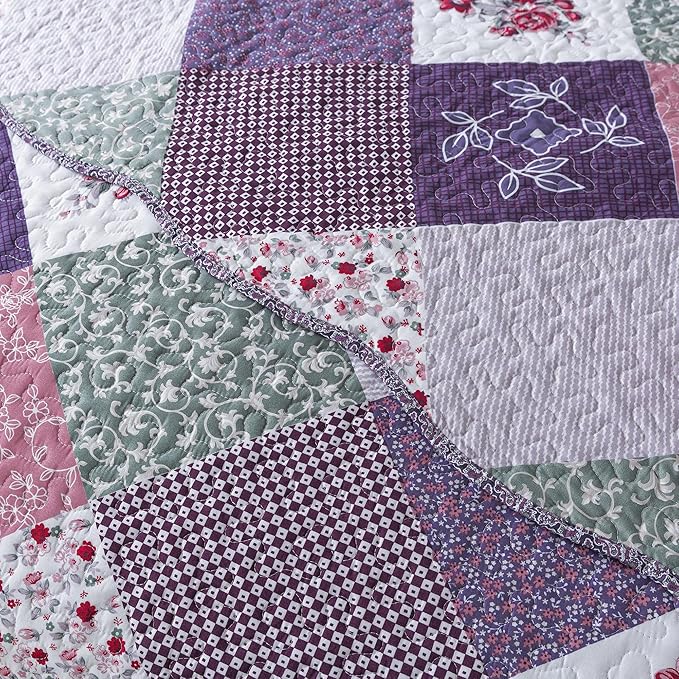 HoneiLife Quilt Set Queen Size - 3 Piece Microfiber Reversible Bedspreads Patchwork Coverlets Floral Bedding Set All Season Quilts with Geometric and Little Rose Print Pattern