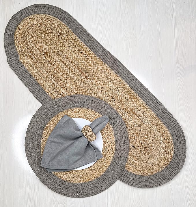 CHARDIN HOME Verona Oval Woven Jute & Cotton Braided Table Runner, Size -13 x 36 Inches, Color - Natural Jute with Grey Border