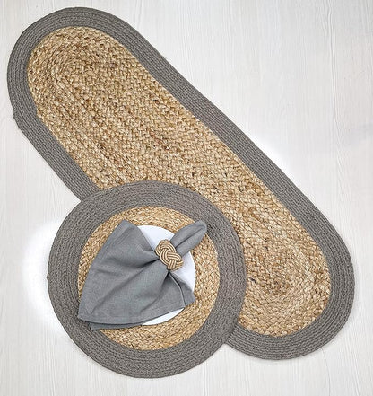 CHARDIN HOME Verona Oval Woven Jute & Cotton Braided Table Runner, Size -13 x 36 Inches, Color - Natural Jute with Grey Border