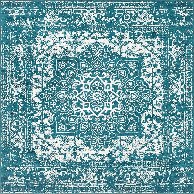 Rugs.com Arlington Collection Rug – 8 Ft Square Turquoise Medium-Pile Rug Perfect for Living Rooms, Kitchens, Entryways