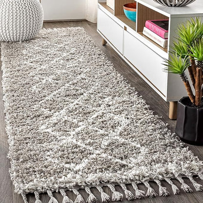 JONATHAN Y Mercer Shag Plush Tassel Gray/Cream Runner Rug, 2x8, Moroccan Geometric Trellis, Bohemian, Easy-Cleaning for Living Room, Bedroom, Kitchen, Pet Friendly, Non-Shedding (MCR103C-28)