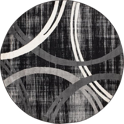 Rugshop Modern Wavy Circles Design Round Rug, Non-Shedding Carpet for Living Room, Dining Room, or Breakfast Nook, Black, 6'6" Round