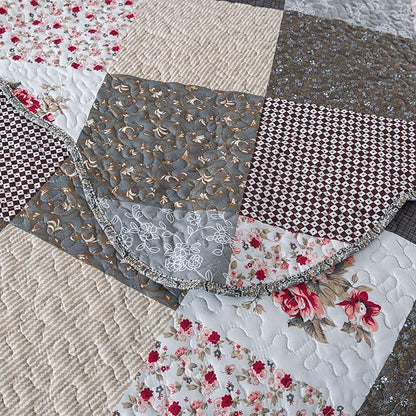 HoneiLife Queen Size Quilt Set - 3 Pieces - Grey Border Microfiber Bedding Set - Lightweight, Reversible Coverlets, Floral Bedding - All Season Quilts