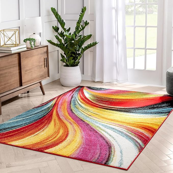 Well Woven Aurora Multi Red Yellow Orange SwirlLines ModernGeometric Abstract Brush Stroke Area Rug(7'10inx9'10in)Easy Clean Stain Fade Resistant Shed Free Contemporary Painting ArtStripe Thick Soft