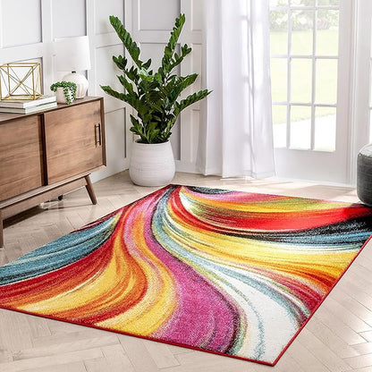 Well Woven Aurora Multi Red Yellow Orange SwirlLines ModernGeometric Abstract Brush Stroke Area Rug(7'10inx9'10in)Easy Clean Stain Fade Resistant Shed Free Contemporary Painting ArtStripe Thick Soft