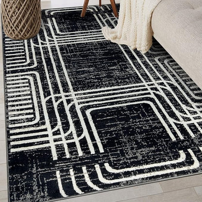 Rugshop Black and White Geometric Area Rug – Abstract Curved Line and Square Pattern Carpet for Living Room, Bedroom, or Office – Contemporary Soft Floor Décor 4' x 6' Black