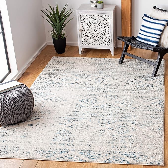 SAFAVIEH Area Rug 8x10 - Tulum Collection - Large - Ivory & Turquoise, Moroccan Boho Tribal Design, Non-Shedding & Easy to Clean, Ideal for Living Room, Bedroom, Dining Space (TUL272E)