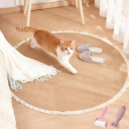 Cotton Rope Area Rug for Cats, Cat Scratching Rug, Washable Round Vintage Reversible Woven Tassel Rug, Soft and Stylish Home Accent, Easy Clean, Multiple Sizes (Coffee, 40" (100cm))