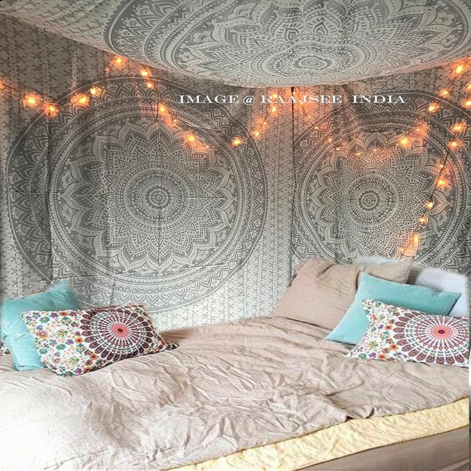 raajsee Metallic Silver Tapestry Grey Mandala Wall Hangings, Indian cotton Beach Throw Blanket, Hippie Tapestries Boho Decor,Twin Bedspread 52x82 inches Yoga Mat Rugs