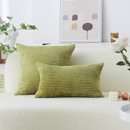 Home Brilliant Throw Pillow Covers 18x18 Set of 2 Soft Velvet Corduroy Striped Square Throw Pillows Cushion Cover for Couch Spring Decor, 18 x 18 inch, Grass Green