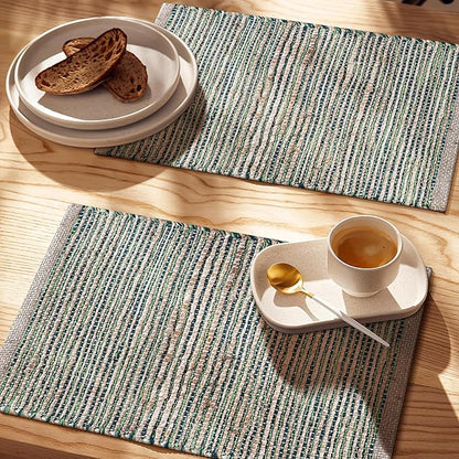 Jute Placemats Set of 4 - Boho Woven Placemats for Dining Tables, Rustic Farmhouse Style, Cotton and Jute, Neutral Colorful Table Mat, 13x19 Inch, Indoor Kitchen Decor - Natural - Green
