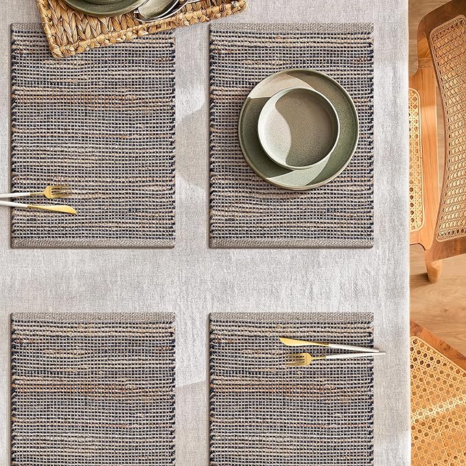 Jute Placemats Set of 4 - Boho Woven Placemats for Dining Tables, Rustic Farmhouse Style, Cotton and Jute, Neutral Colorful Table Mat, 13x19 Inch, Indoor Kitchen Decor -Natural- Grey Charcoal