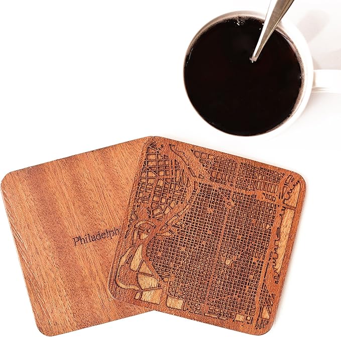 Philadelphia Map Coaster by O3 Design Studio, Set Of 4, Sapele Wooden Coaster With City Map, Handmade