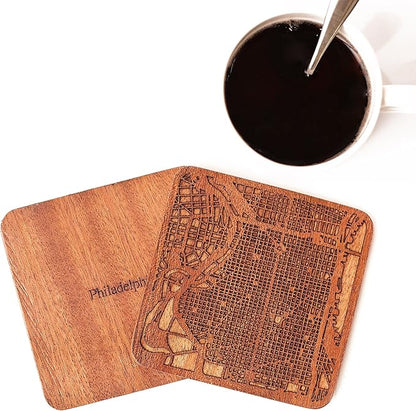 Philadelphia Map Coaster by O3 Design Studio, Set Of 4, Sapele Wooden Coaster With City Map, Handmade