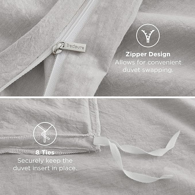 Bedsure 100% Washed Cotton Duvet Cover King - Light Grey Minimalist Cotton Duvet Cover Linen Like for All Seasons - GentleSoft™ Plain Simple Bedding (King, 104"x90")