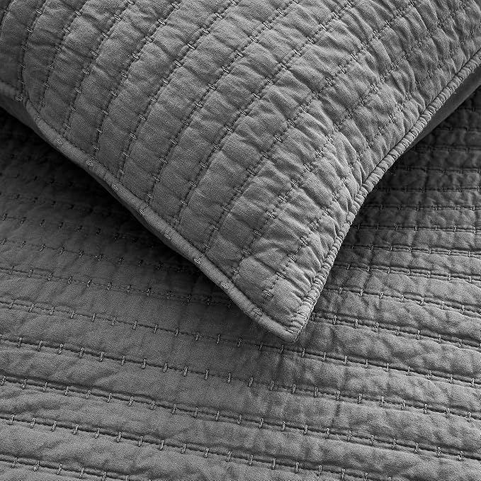 WDCOZY 100% Cotton King Size Quilt Set - Grey Striped Pick Stitch Soft Lightweight Bedspread, Textured Like Linen, Farmhouse Country Rustic Coverlet, Shabby Chic Gauze Bedding, 3 Pieces